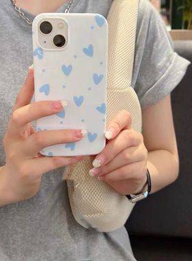 蓝色小爱心iphone16Promax适用苹果手机壳15pro韩国ins菲林硬壳14小众13原创女12mini可爱11全包保护套