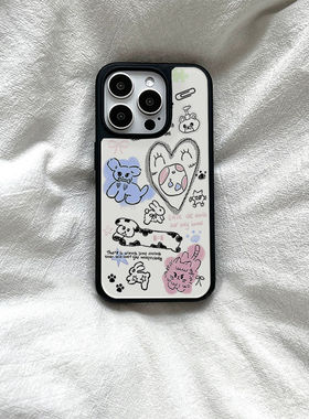 涂鸦动物ins亚克力黑边适用苹果iPhone16promax手机壳15pro小米14Pro保护套华为mate防摔三星S234荣耀晶瓷壳