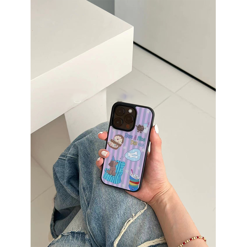 条纹狗狗亚克力黑边亮面适用苹果16手机壳iPhone15ProMax14Pro1312mini保护套11防摔ins风玻璃壳78X