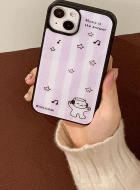 紫色条纹猫咪亚克力黑边亮面磨砂磁吸适用苹果16promax手机壳iPhone15lus14Pro13保护套12防摔ins玻璃壳11