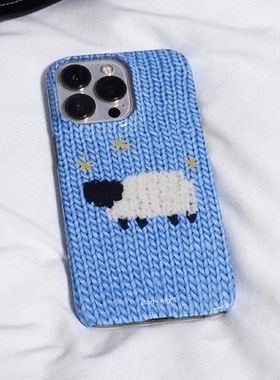 蓝色针织毛衣小羊iphone16Promax适用苹果手机壳新款15pro韩国ins菲林壳14小众13原创12mini可爱11全包保护套