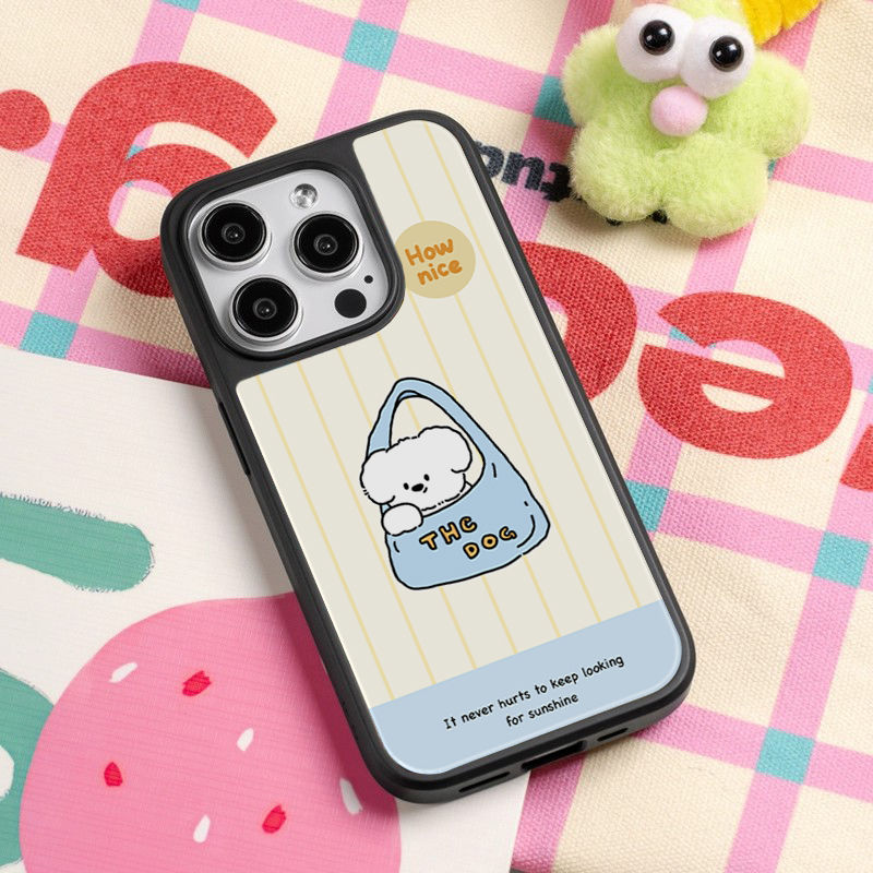 条纹袋子小狗ins亚克力黑边适用苹果iPhone16promax手机壳15pro小米14Pro保护套华为mate防摔三星S23荣耀