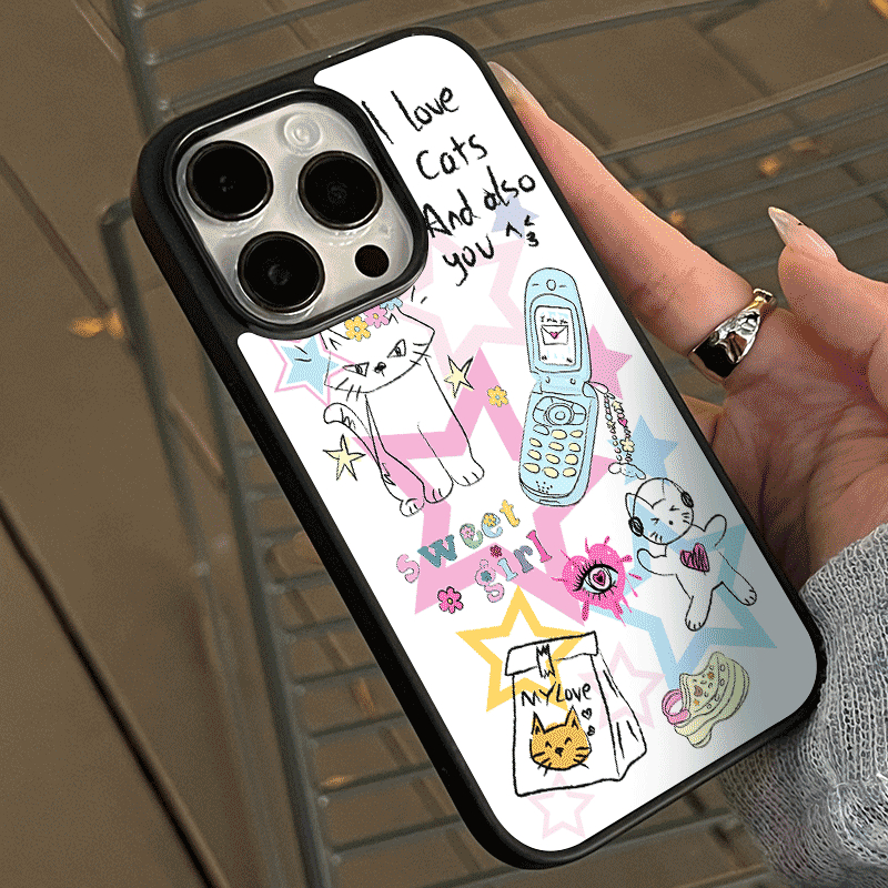 电话小猫咪艺术亚克力黑边亮面磨砂磁吸适用苹果16promax手机壳iPhone15lus14Pro13保护套12防摔ins挂绳硅胶