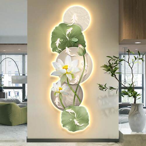 UV精雕九鱼荷花图发光客厅装饰画led灯画沙发背景墙玄关挂壁画