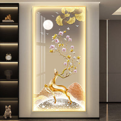 轻奢入户玄关LED灯装饰画福鹿过道走廊带灯挂画简约高级感壁画