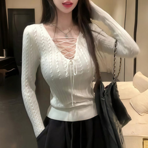 秋季纯欲V领交叉系带修身针织衫
