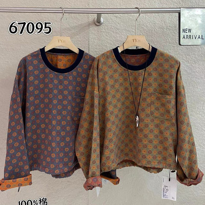 TY67095复古碎花长袖T恤女宽松圆领百搭时尚上衣2026春季新款内搭