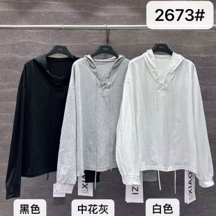纯棉上衣 2026年春季 小辫子2673休闲风连帽长袖 T恤女宽松绑带罩衫