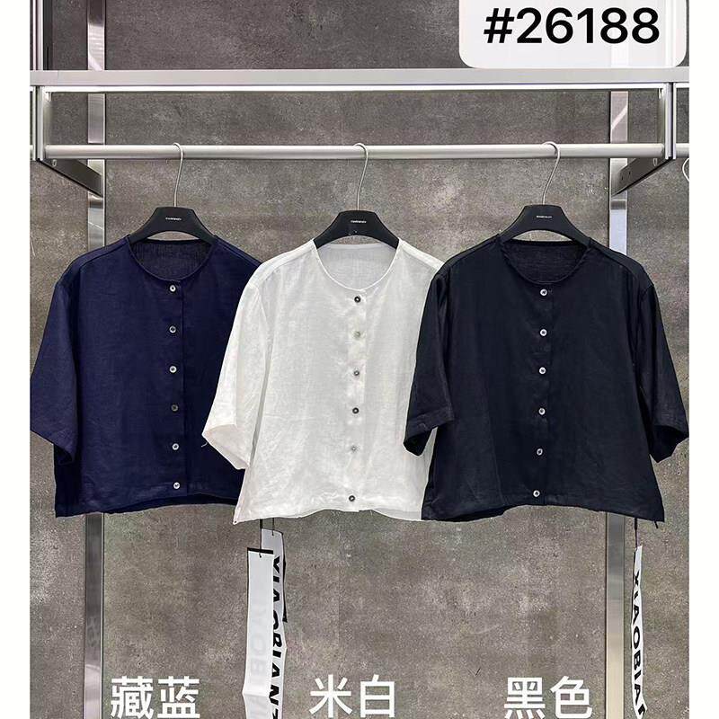 小辫子26188复古时尚圆领纽扣短袖衬衫女宽松文艺百搭外套2026夏