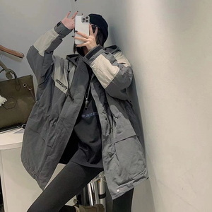 欧货连帽风衣外套女设计感大口袋工装户外宽松时尚撞色加棉冲锋衣