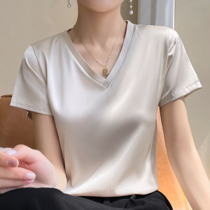 冰凉打底衫2024春夏新女短款宽松v字领纯色气质简约内搭短袖T恤上