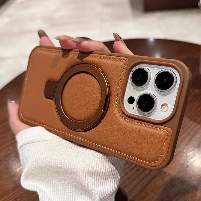 新款高档美拉德棕色磁吸充电支架适用苹果16promax手机壳iPhone15pro简约素皮新款14时尚奢华13pro气囊防摔13