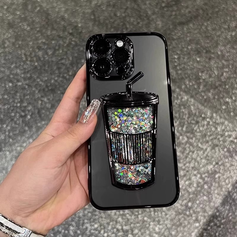 流沙奶茶杯子适用苹果15promax手机壳女款全包夏日透明软壳iphone14pro新款13带镜头膜高级感12立体11保护套