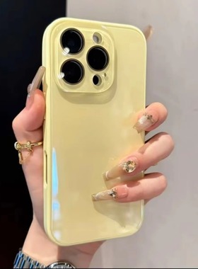 适用于苹果15promax手机壳高端黄色玻璃壳iPhone16pro高级感镜头膜14简约13新爆款12保护套15全包防摔保护套