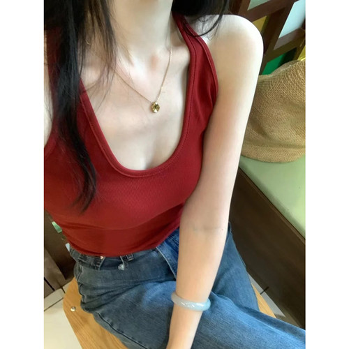 METWO 主推红色挂脖工字背心女夏季新款韩版修身显瘦u领美背上衣