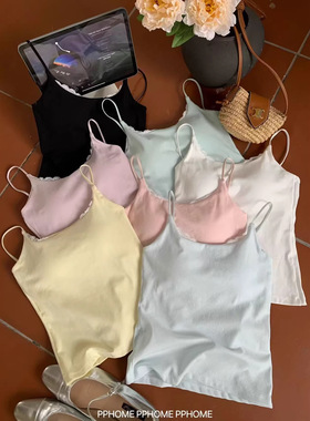 春夏网络爆款少女甜美吊带背心蕾丝边带胸垫小清新配色上衣3237