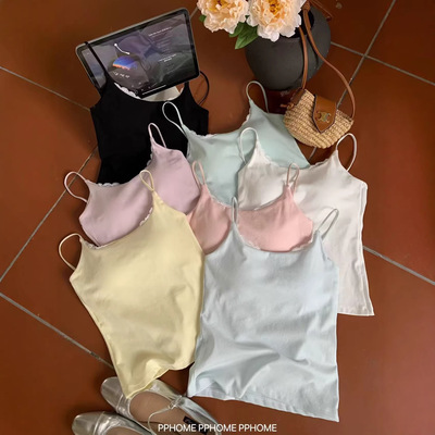 春夏网络爆款少女甜美吊带背心蕾丝边带胸垫小清新配色上衣3237