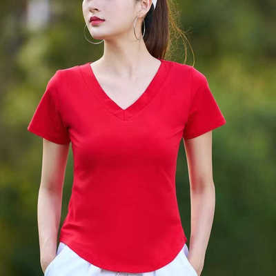 正肩纯棉V领t恤短袖2025夏季新款修身显瘦弧形下摆广场舞服装上衣