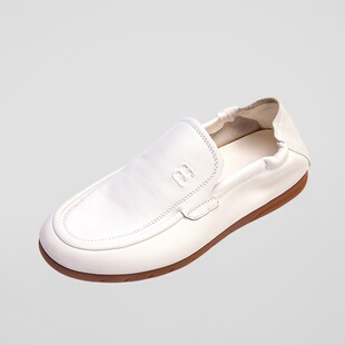 BY品牌老钱风商务休闲乐福鞋男真皮软面底高端一脚蹬驾车白色豆豆