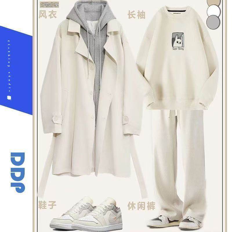 【三件套】冬季保暖加厚中长款风衣宽松韩版外套男搭配显瘦休闲裤,男装,时尚套装,淘宝优惠券,粉丝福利购,淘宝优惠卷