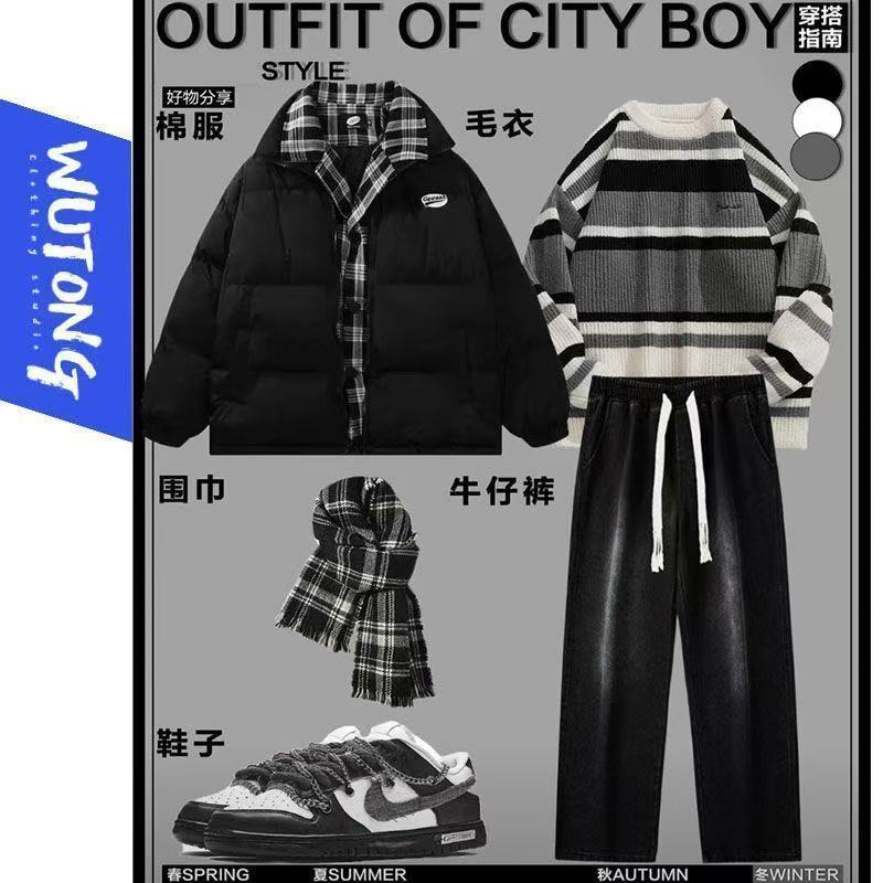 上衣/套装三件套搭配假两件羽绒服男冬季百搭条纹毛衣简约休闲裤