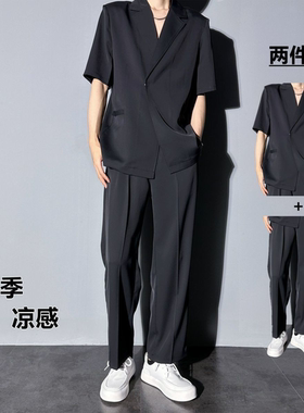 黑色短袖西服男士套装夏季痞帅冰丝薄款时尚西装两件套轻熟风一套