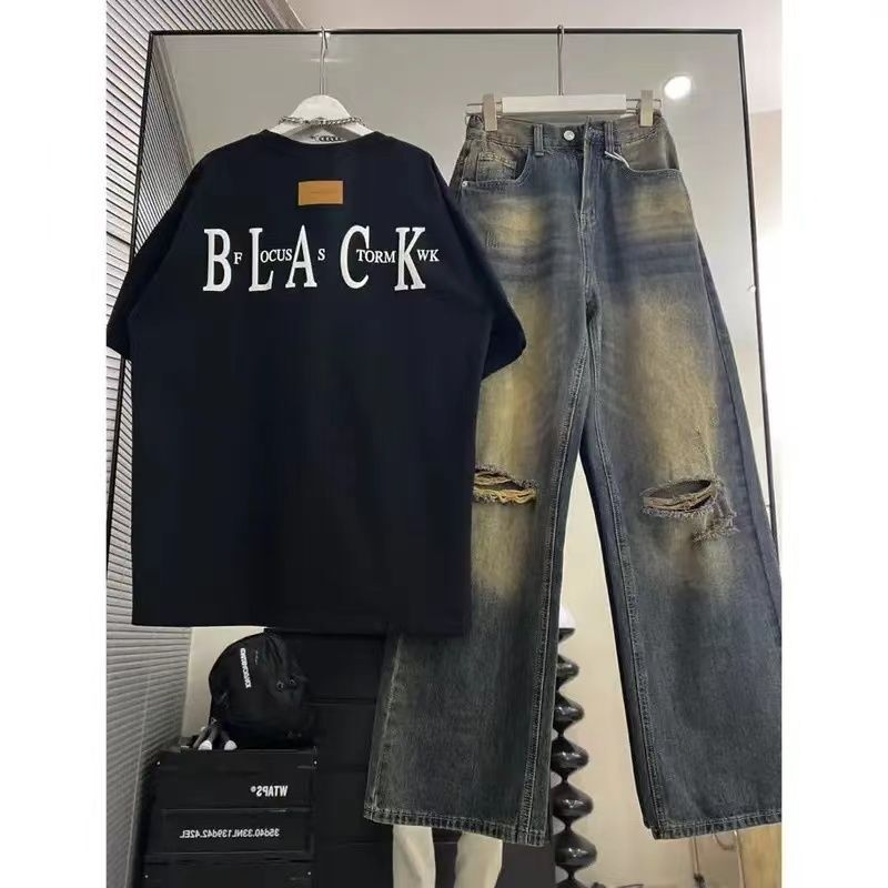 美式复古直筒牛仔长裤搭配hiphop高街个性印花短袖t恤男时尚套装