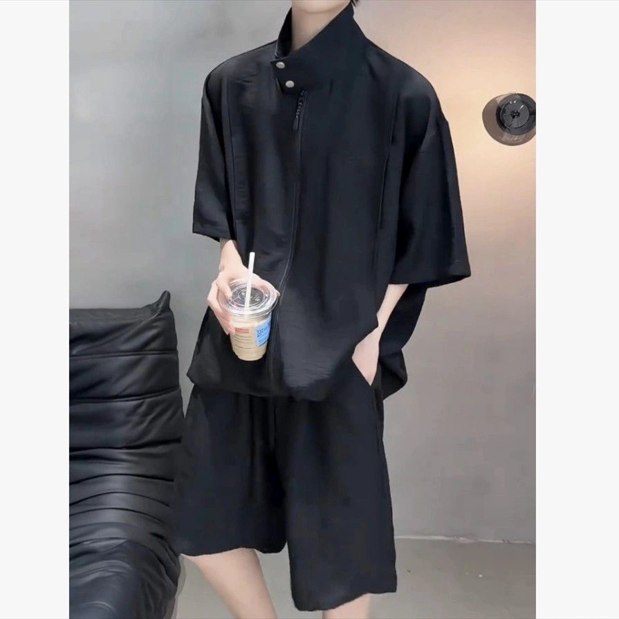 雁南飞立领套装男款夏季痞帅高级感短袖短裤休闲两件套薄款透气图片