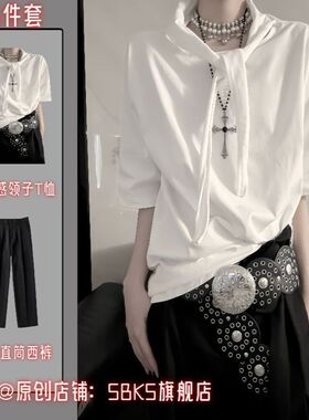 EART夏季新款小众设计感领子飘带系带宽松短袖T恤百搭高级感上衣