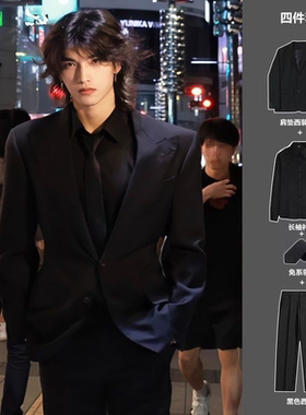 黑色男士西装男套装修身韩版职业西服商务正装高级感新郎结婚礼服