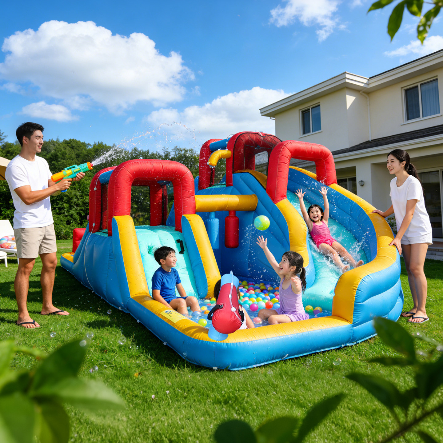 博士豚双滑梯充气城堡室内户外儿童蹦蹦床跳床家用喷水淘气堡玩具