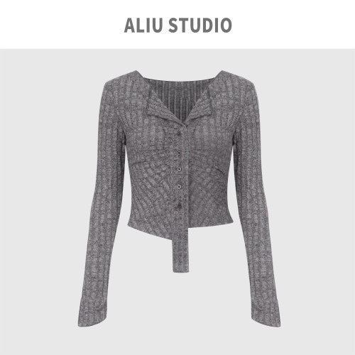 AliuStudio性感辣妹不规则长袖磨毛开衫修身短款针织上衣小众ins