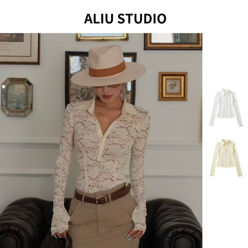【Aliu自制】法式轻熟蕾丝翻领上衣女修身显瘦百搭打底衫8038