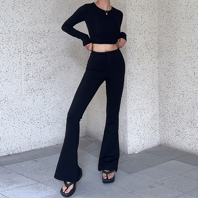 Aliu Studio自制欧美超模加长喇叭裤高腰弹力拖地裤显高显腿长