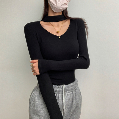 露锁骨显瘦弹力修身长袖T