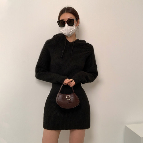 修身欧美连帽针织短裙长袖