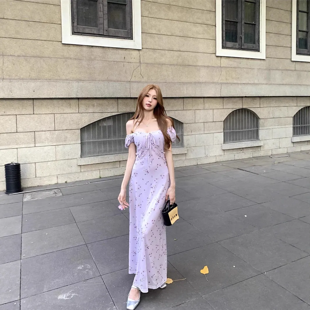 法式碎花短袖连衣裙女2025夏季新款气质收腰显瘦泡泡袖茶歇长裙子