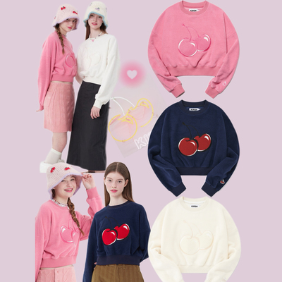 大樱桃刺绣春秋短卫衣甜美百搭