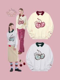 现货韩国KIRSH大樱桃字母刺绣LOGO春秋季休闲长袖POLO领卫衣甜美