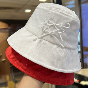 韩版复古红色丝绒蝴蝶结渔夫帽子女春秋季出游高级感显脸小防晒帽