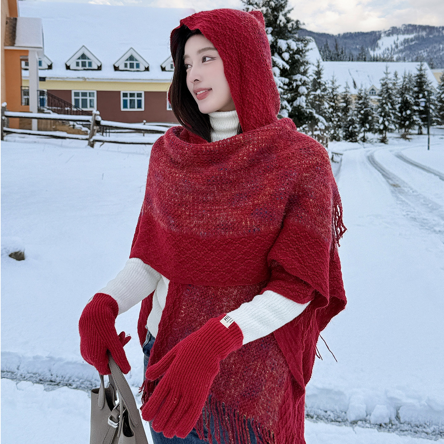 安可拉红民族风连帽披肩女云南旅游针织流苏披风斗篷防寒保暖外套