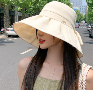 黑胶大檐渔夫帽子女夏季户外薄款遮阳防紫外线可折叠蝴蝶结防晒帽