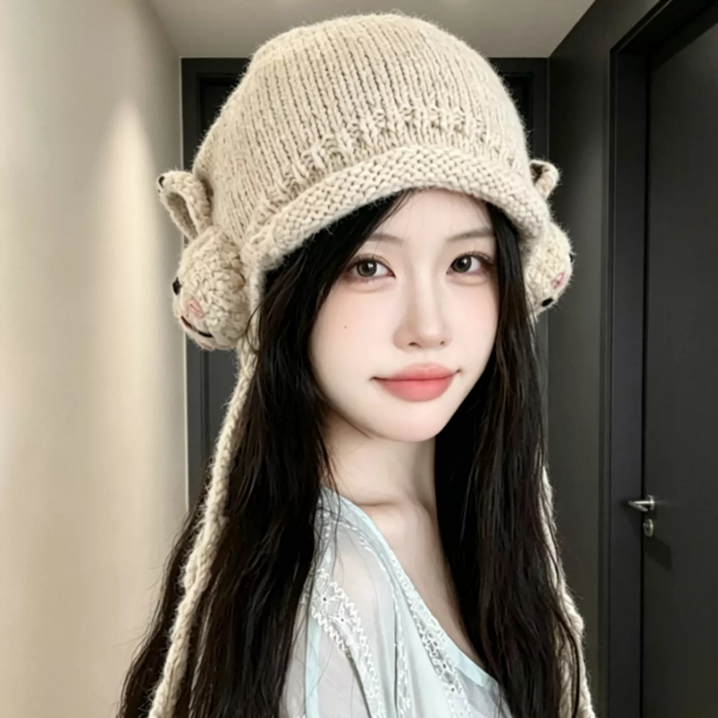 日系可爱兔子流苏针织帽女保暖