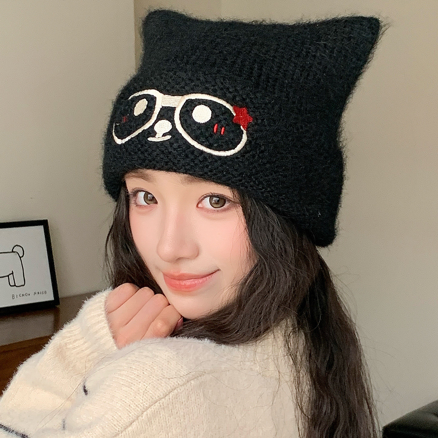 冬季女猫耳护耳保暖显脸小针织帽