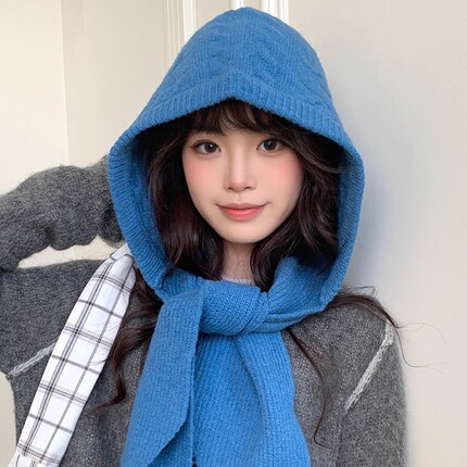 韩系ins针织帽围巾一体两件套冬保暖防寒帽子女围脖护颈百搭简约