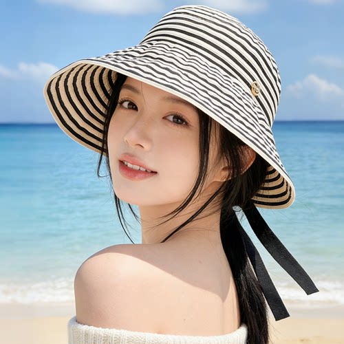 韩版条纹可折叠大檐防晒渔夫帽女
