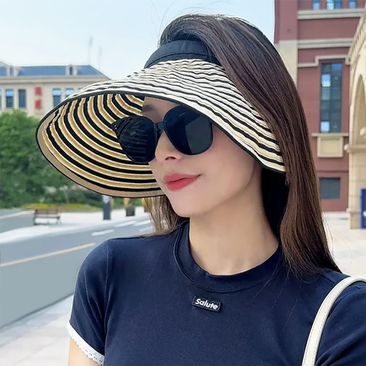 夏季空顶遮阳帽子女款大檐防晒帽户外出游条纹发箍款太阳帽可折叠