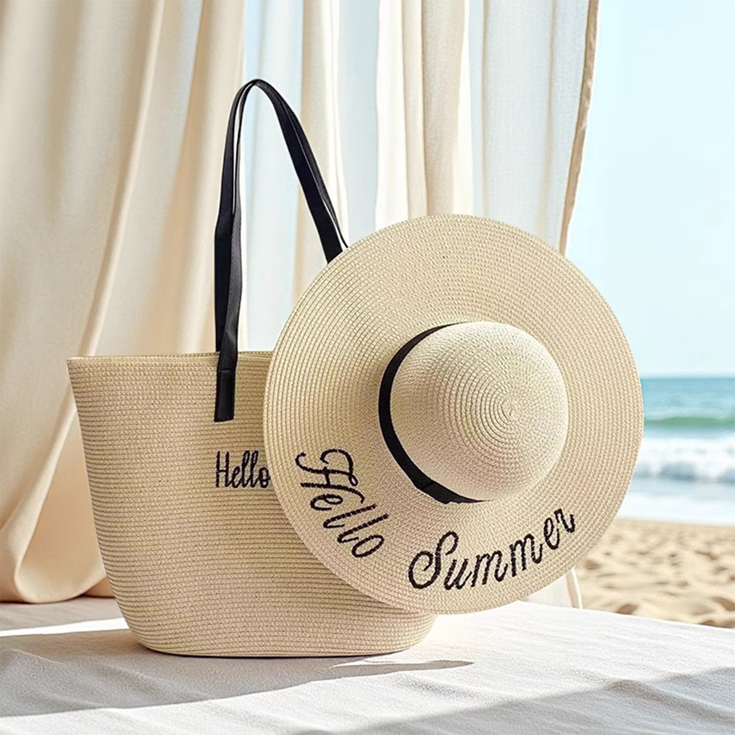 2025新款韩版刺绣字母沙滩帽子女大帽檐显脸小度假防晒遮阳草帽潮