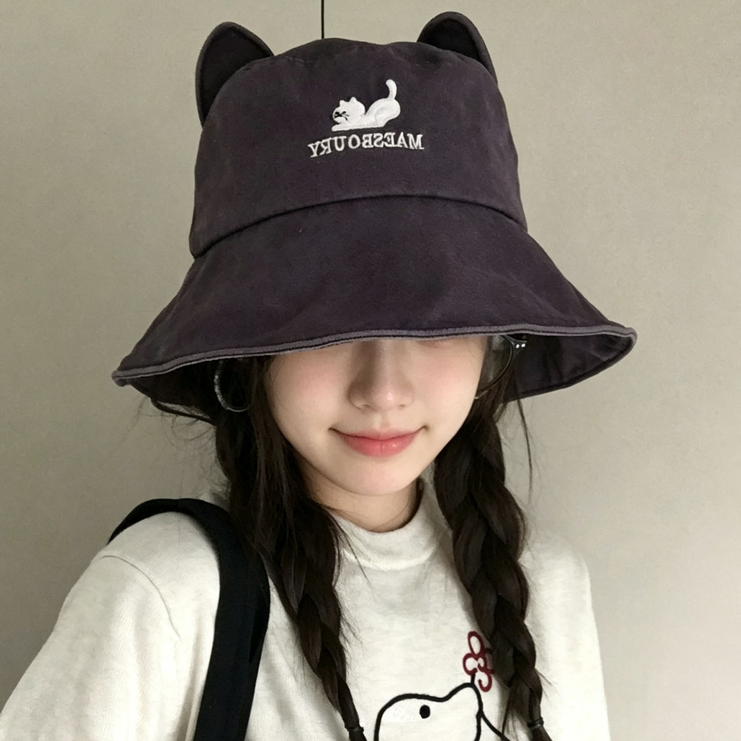 日系猫耳刺绣宽檐防晒渔夫帽女