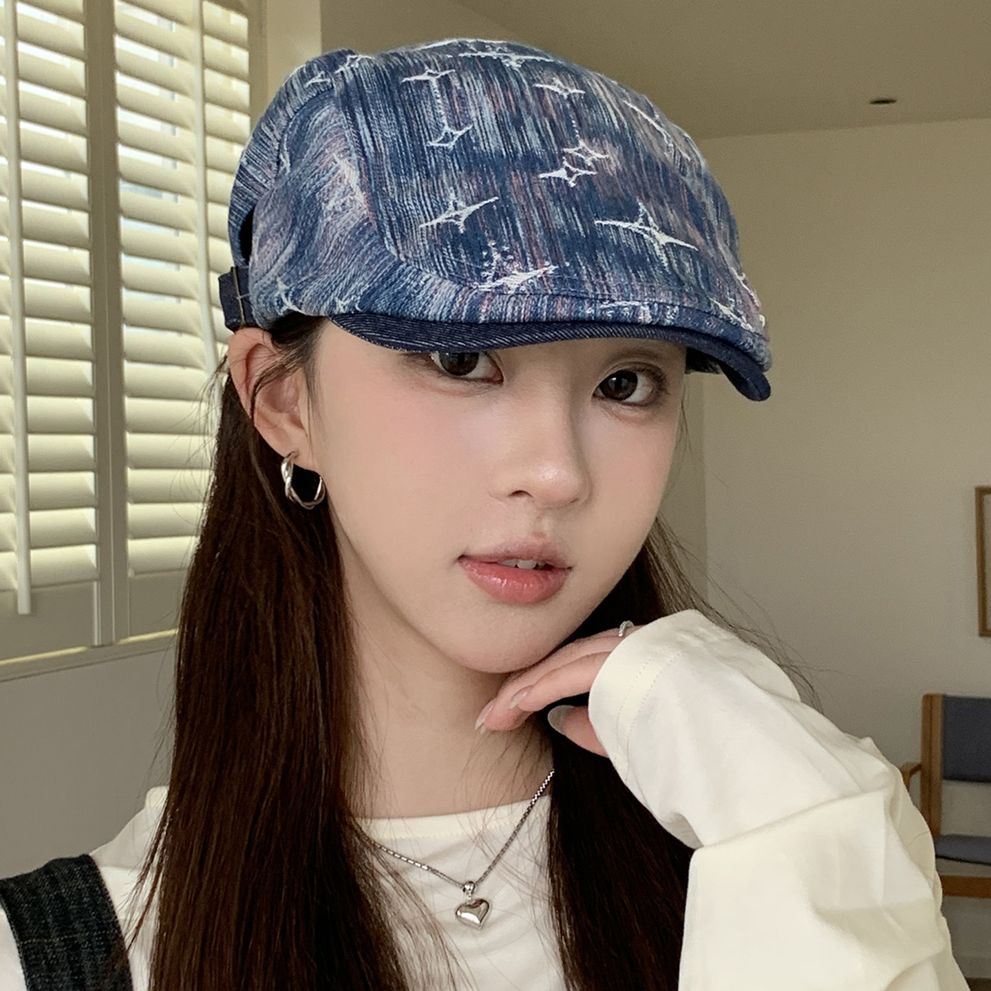 复古扎染牛仔报童帽女显脸小